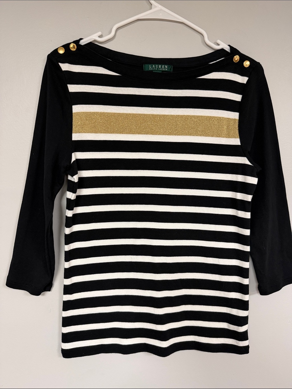 Lauren Ralph Lauren Black & White with gold metallic Stripe & Button trim Top L
